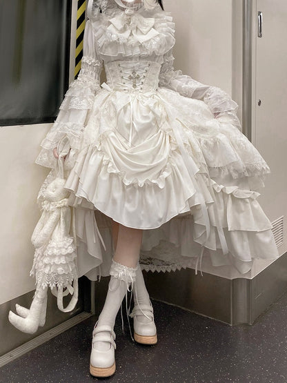 White Gothic Lolita Boned Corset Waist Skirt with Drawstring - Nightingale Girl