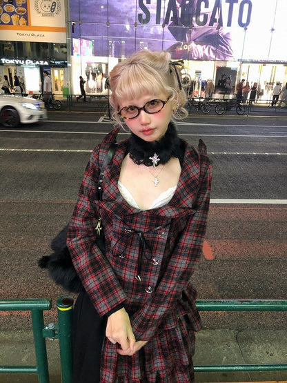 Devil with Wool Lace-up Red and Nautical Horn Coat Plaid Back Accents