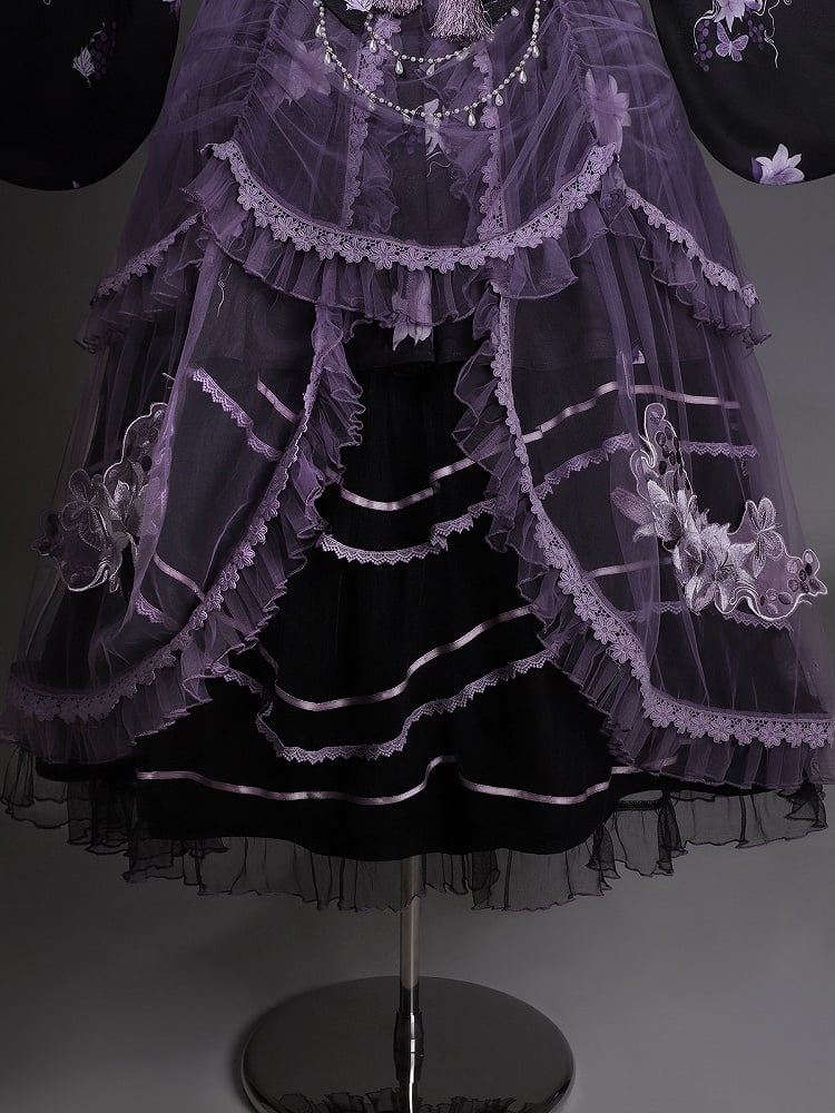 Floral Crossover Dress Neck Black Overdress Purple + Lolita Skirt Han Print Tulle