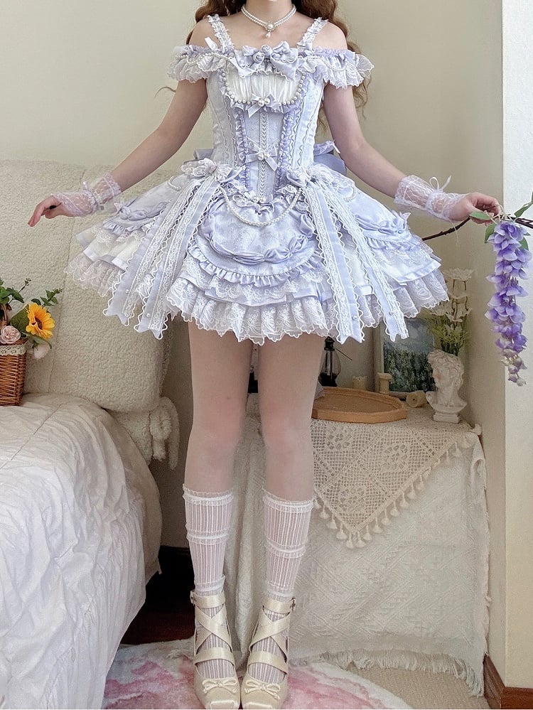 Dress Purple with Off-the-shoulder Balletcore Lolita Neckline Waist Corset Straps