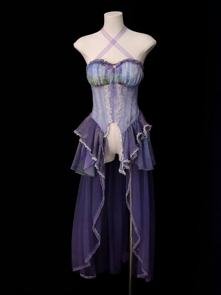 Fairy Oil Painting Purple Tiered Flounce Hem Halter Boned Corset Top Print