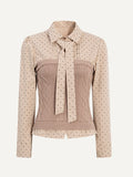 Dot Kint Polka Blouse Patchwork with Bow Tie Cable Khaki