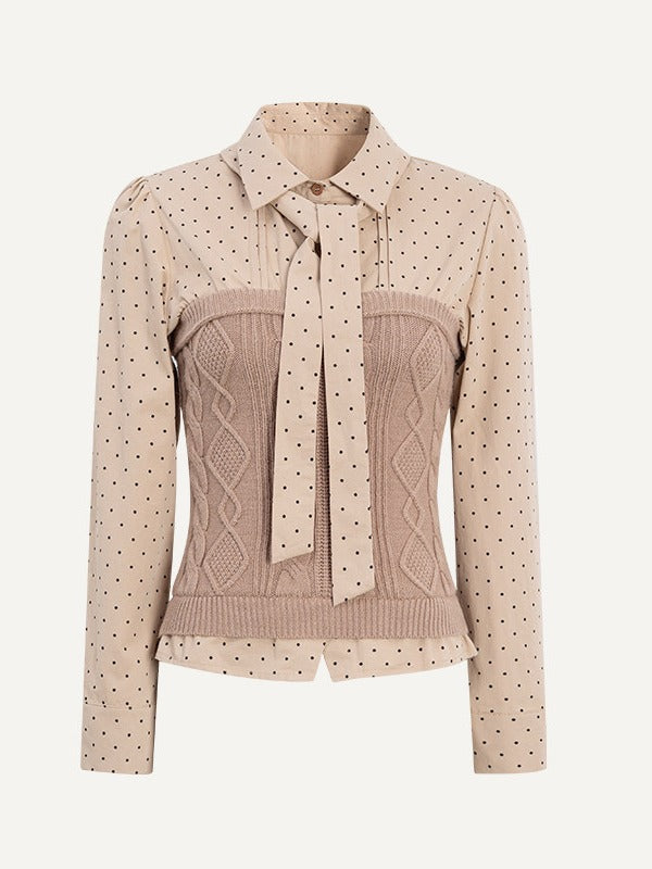 Dot Kint Polka Blouse Patchwork with Bow Tie Cable Khaki