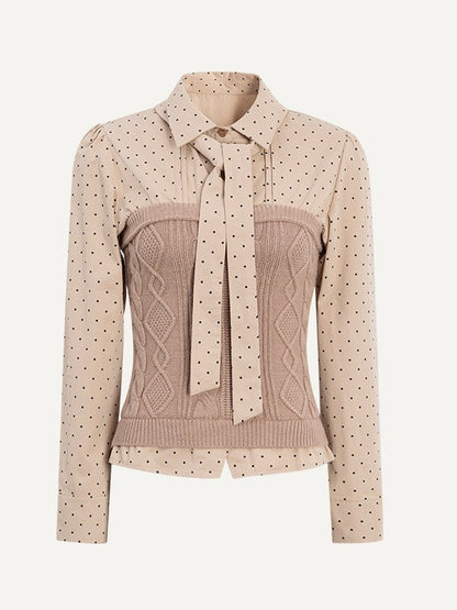 Dot Kint Polka Blouse Patchwork with Bow Tie Cable Khaki