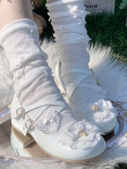 Sweet Mary Rhinestone Low-heel - Closure Heart White Janes