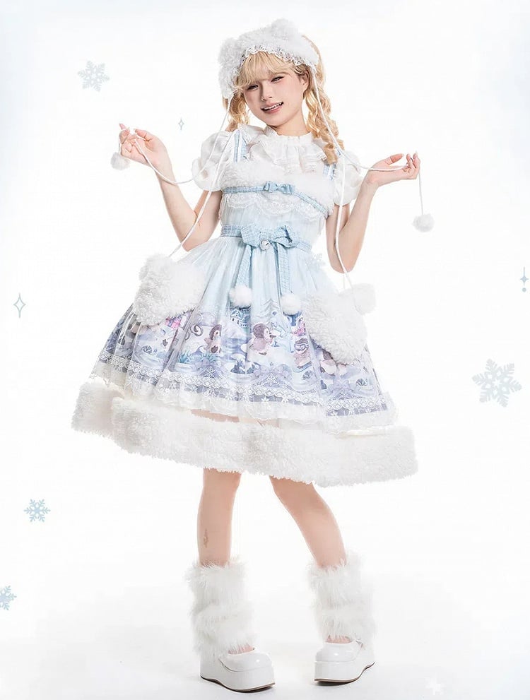 Sweet Winter High Waist Lolita JSK with Blue Penguin Print - Lineall Cat