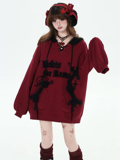 Black Letters Pattern Hooded V-neck Loose Sweater