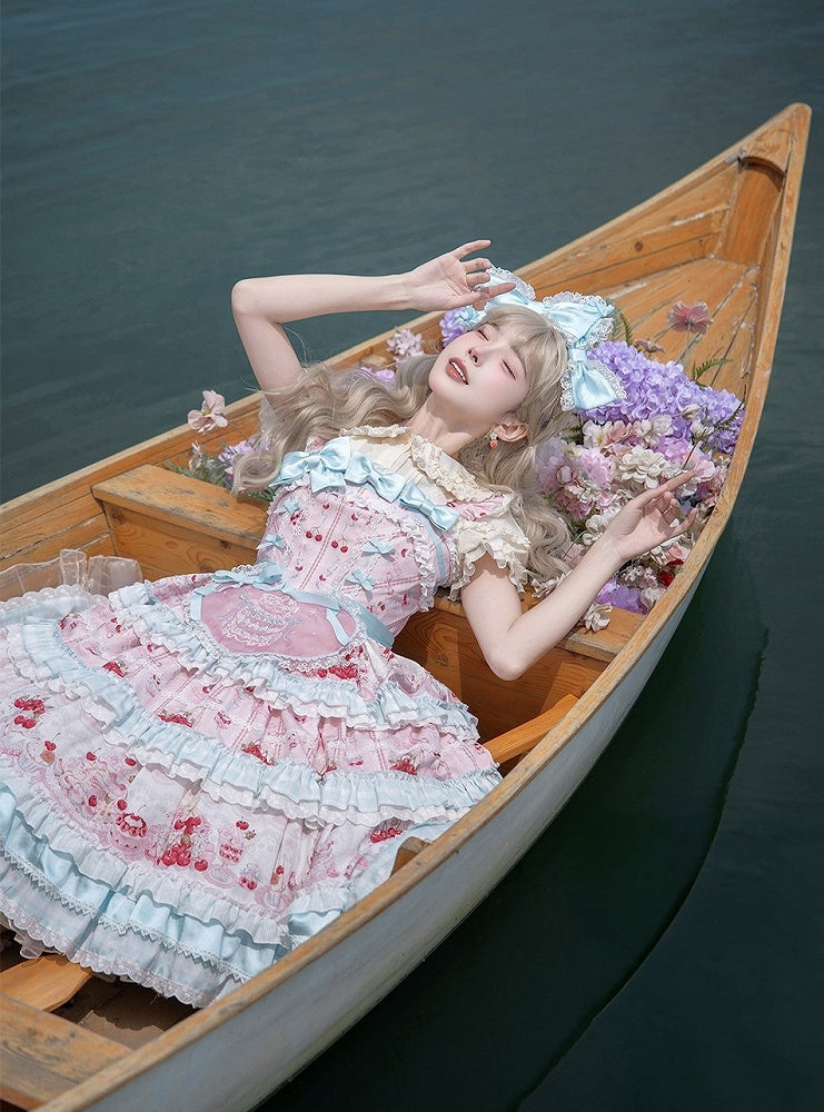 Blue Cherry Cake Print Sweet Lolita Dress with Bow Details - Strawberry Fantasy