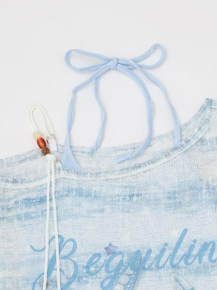 Blue Off Shoulder Long Sleeve Top with Starfish Print & Rhinestone Details - Languid Park