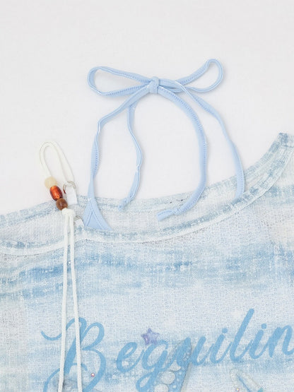 Blue Off Shoulder Long Sleeve Top with Starfish Print & Rhinestone Details - Languid Park