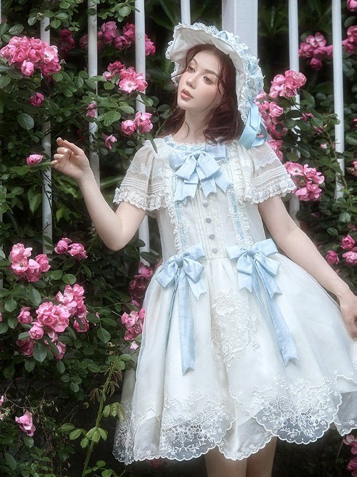 White Flutter Sleeve Lolita Dress with Bows and Scallop Trim