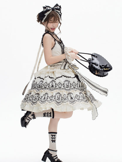 White Layered with Scalloped Black Set Rabbit Trim Skirt Top Pattern Camisole + Lolita Edge Elegant