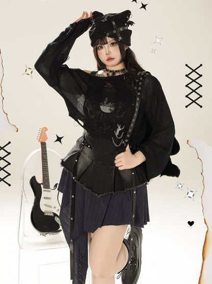 プラスサイズ ブラック ダメージ加工 ホールズ ニット トップス チェーン付き