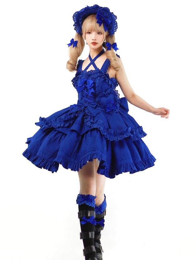 Lolita Bowknots Heart-shaped JSK Decoration Short with and Blue Dress Klein Gothic Version Ruffled