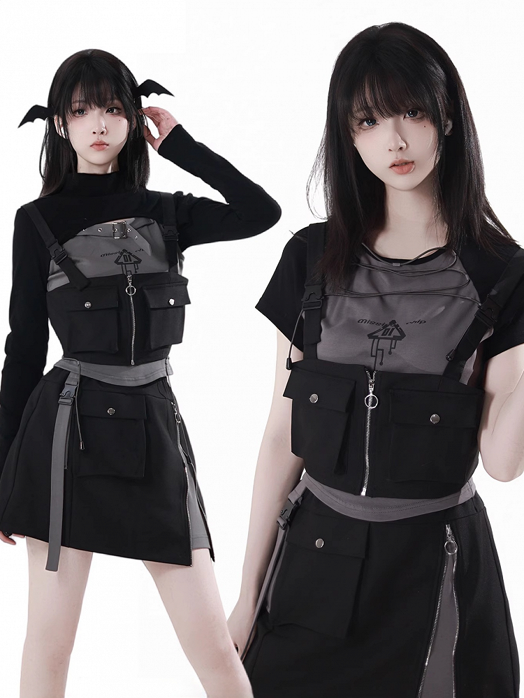 Details Shoulder Techwear Zip-up Vest Snap Straps Black Pocket
