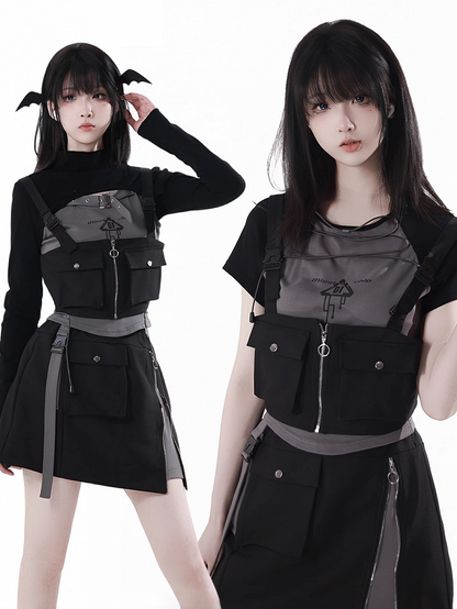 Details Shoulder Techwear Zip-up Vest Snap Straps Black Pocket