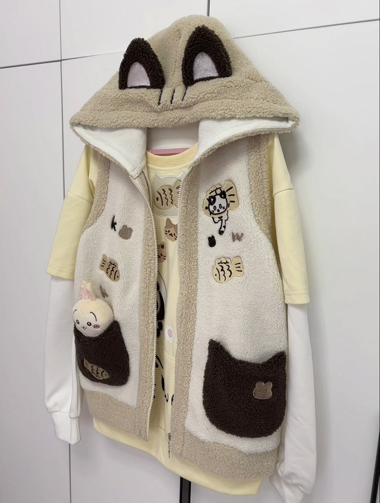 Cozy Khaki Kitty Ear Hood Fleece Vest with Taiyaki and Cat Embroidery  Adorable Cat Pockets