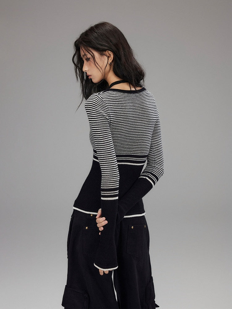 Gray Striped Long Sleeve Shirt with Scoop Neckline - Low pixel