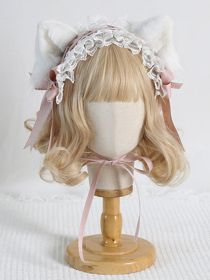 Beige White Sweet Bowknot Hairband Green Ears Cat With Lace Detachable Lolita / Pink