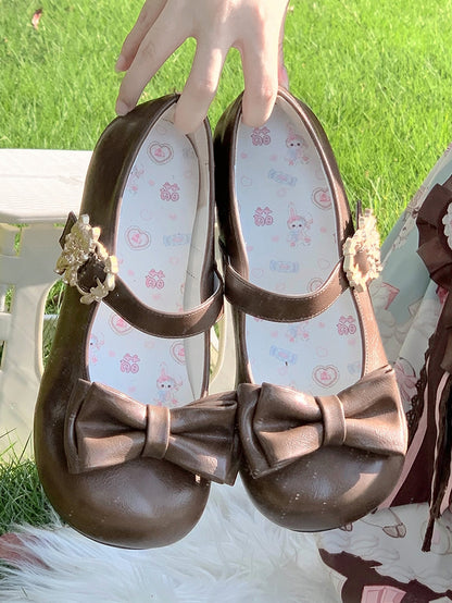 Cat Bow Lolita at Top Brown Sweet Toe in Round Shoes Low-heel Decor Clasp