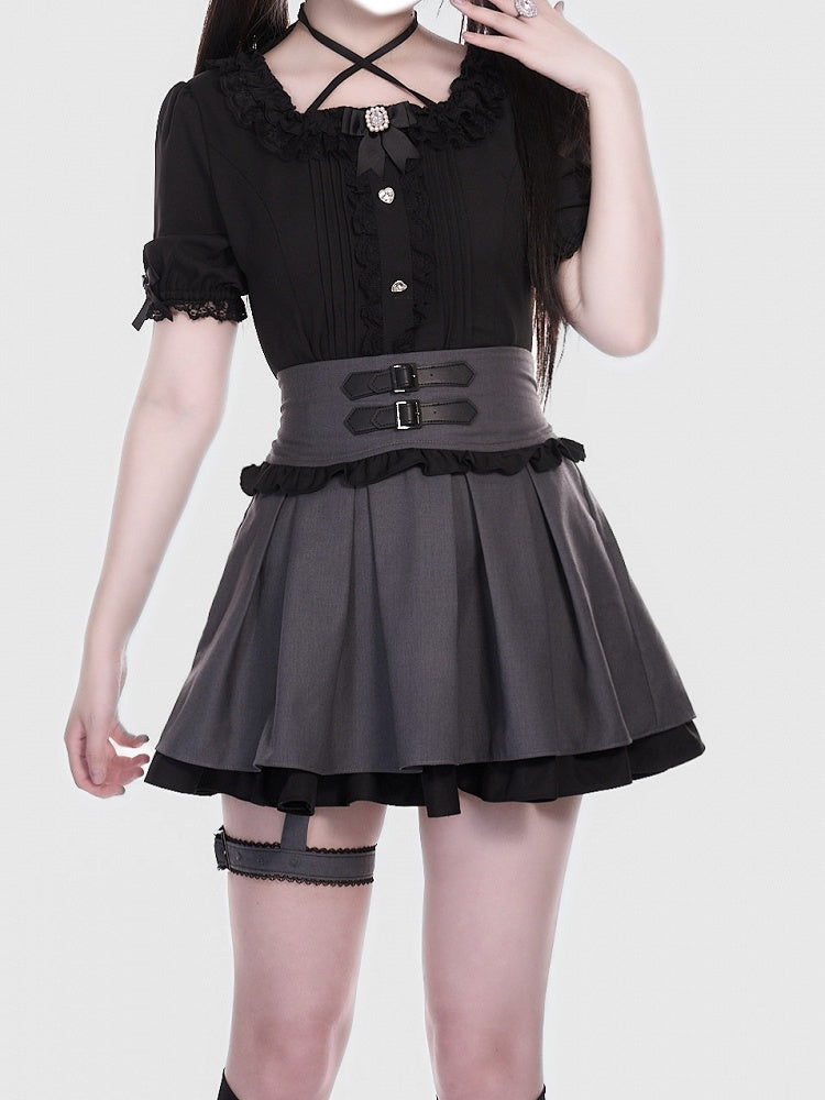 Gray Jirai Kei Double and Layers Skirt in Black with Double Buckle Straps  Garter