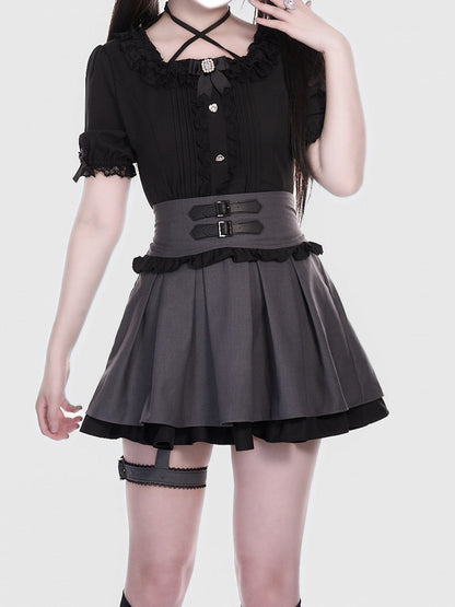 Gray Jirai Kei Double and Layers Skirt in Black with Double Buckle Straps  Garter