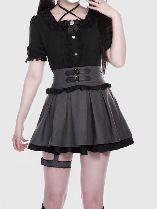 Gray Jirai Kei Double and Layers Skirt in Black with Double Buckle Straps  Garter