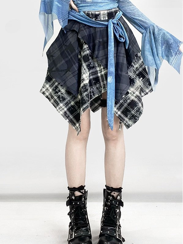 Plaid Star Pattern Hem Skirt Print Handkerchief Blue
