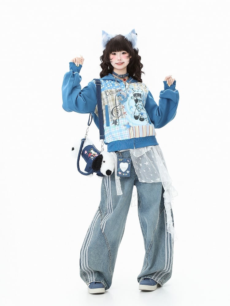 Girl Cartoon Zip-Up Patchwork Print Plaid with Blue/Beige Hoodie Winged