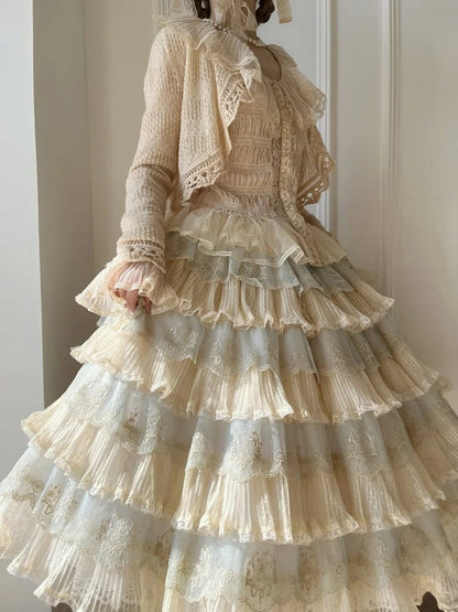 Details with Tulle Flower Multi-Layered Blue Lolita Beige Elegant Skirt Embroidery