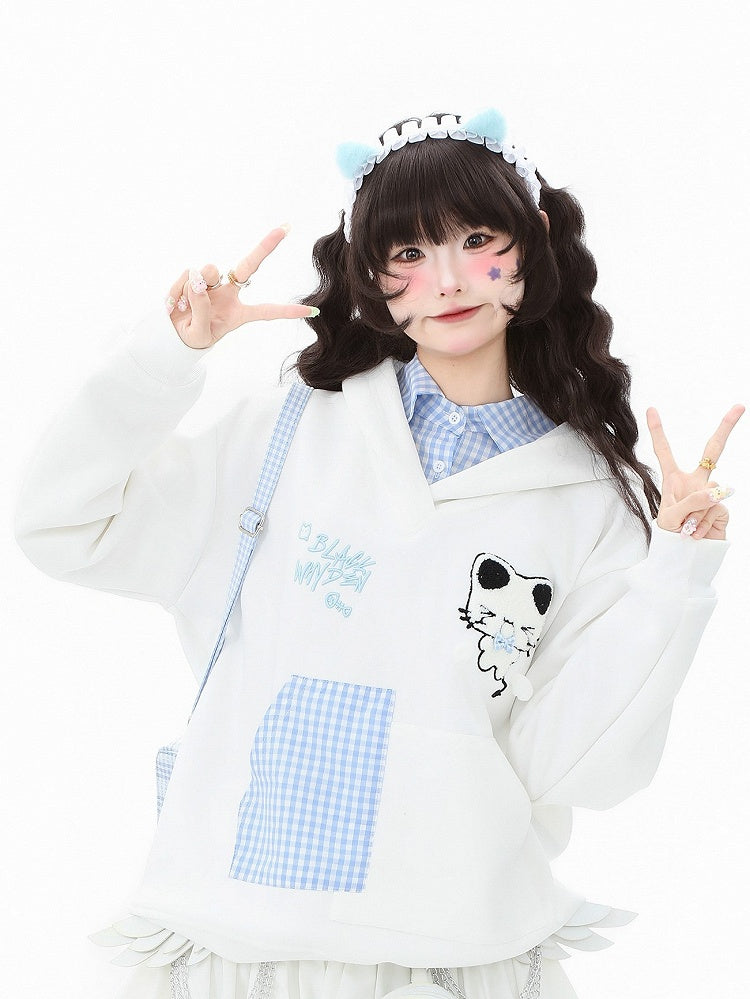 Daily Kawaii Pink/Black/White with Pattern Two-piece Plaid in Hoodie