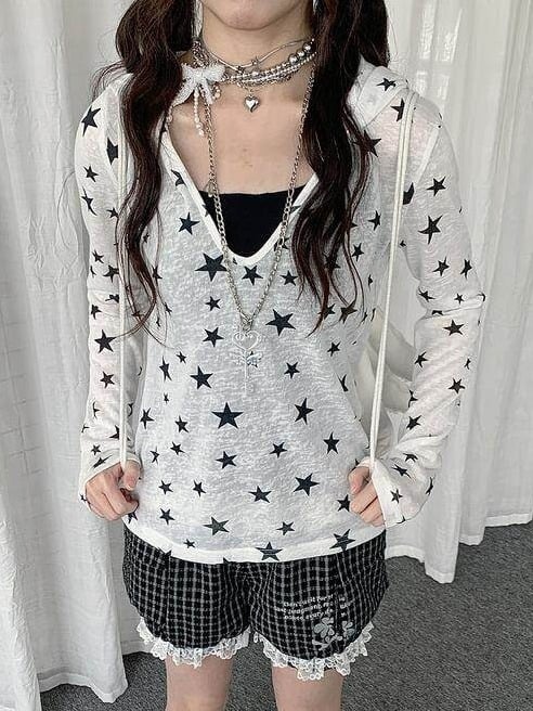 White Sheer Hooded Long Sleeve Top with Star Print Decoration - Solkatt