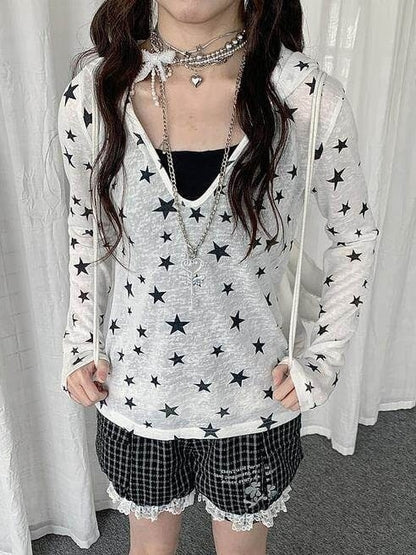 White Sheer Hooded Long Sleeve Top with Star Print Decoration - Solkatt