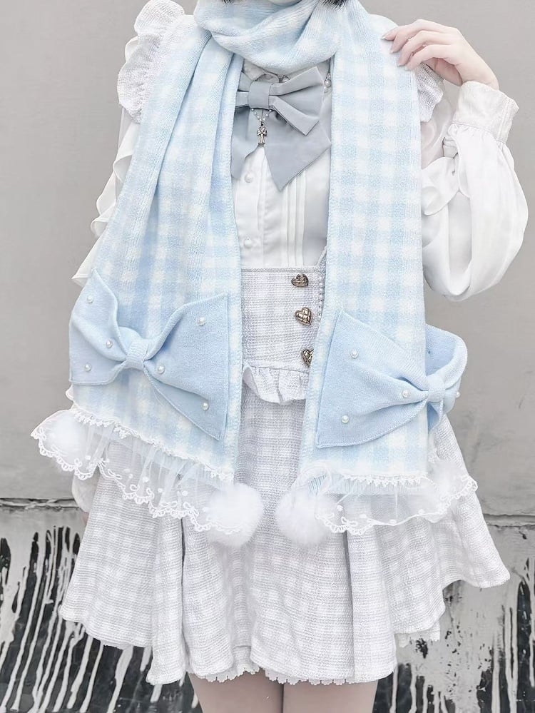Scarf Trim Beaded and Kei Jirai Blue Plaid Pompons Bowknots White Light Lace with