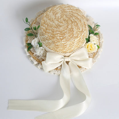 Hydrangea Bowknot Colors Straw Kei Lolita With Hat Lace Detachable Mori 4 Country