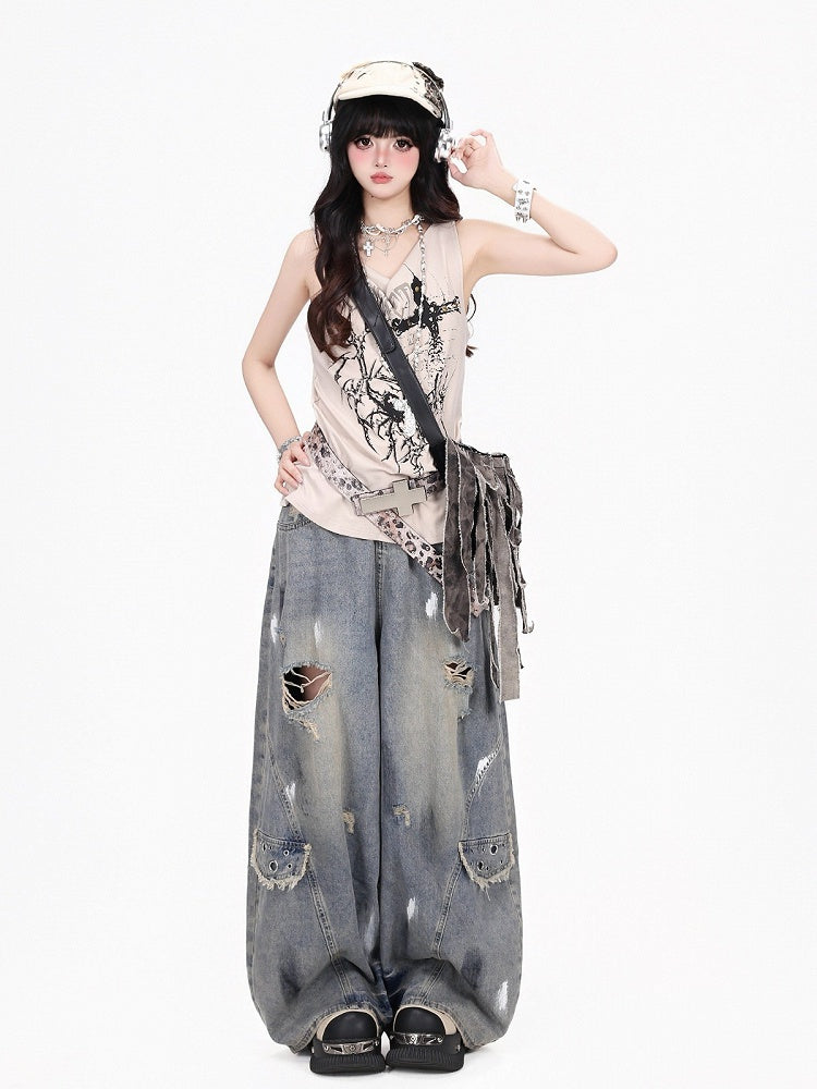 Apricot Y2K Tank Top with Spider and Thorn Print and Rivets - CRAZY GIRL