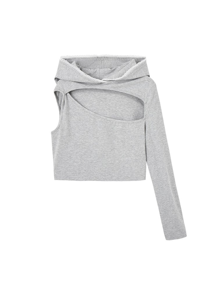 Cropped Gray with Sleeves Chest Asymmetrical Hood Hoodie Cutout Lace-Trimmed