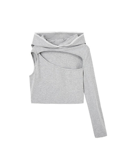 Cropped Gray with Sleeves Chest Asymmetrical Hood Hoodie Cutout Lace-Trimmed