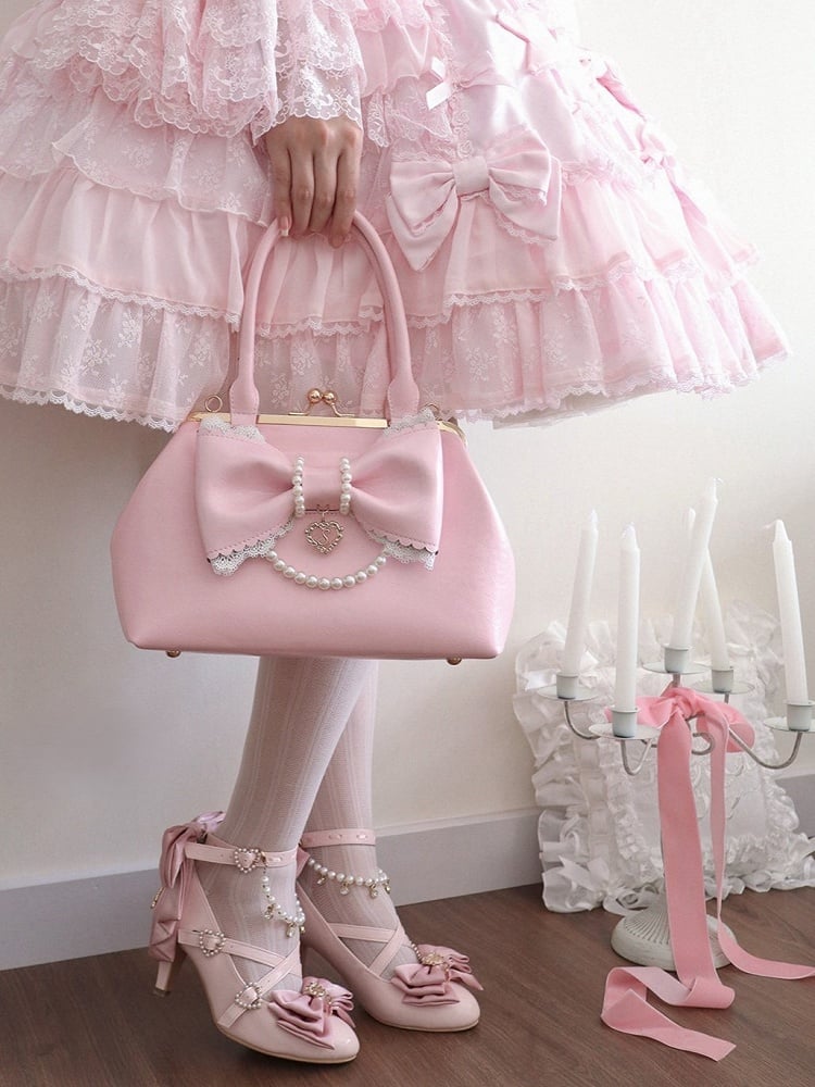 Rose Lolita Shoulder Bag with Pearl Chain and Huge Bow - Sheep Puff Bag