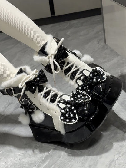 Sweet Ankle Closure Furry - Rabbit Bunny Ear Black Interior for Boots with Lace-Up Bow Lolita