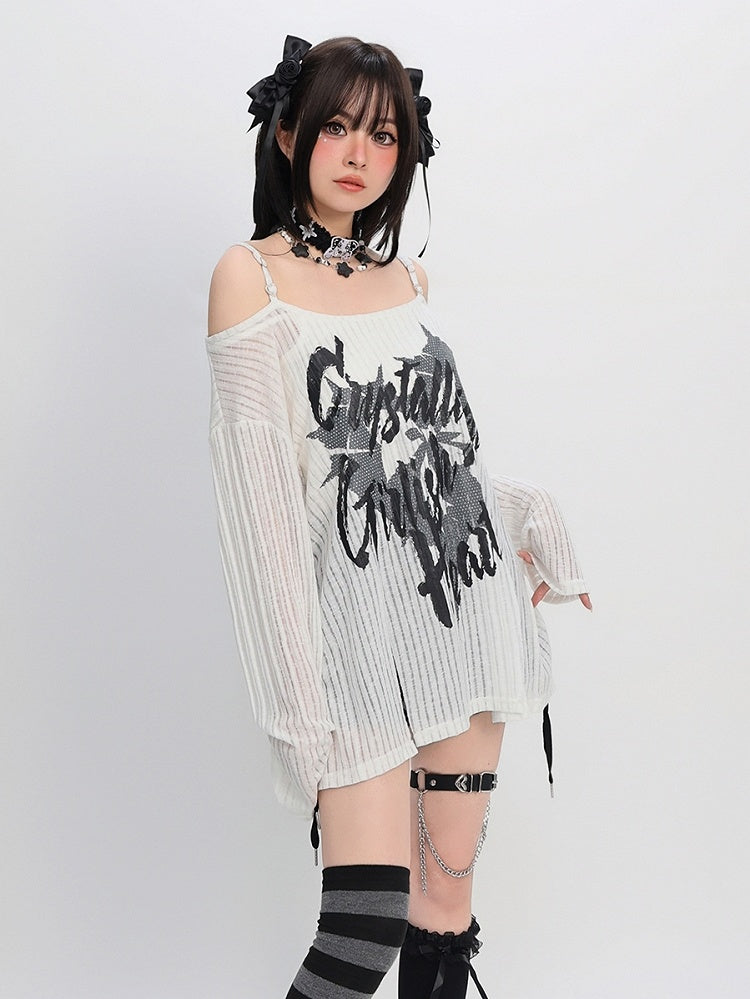 Y2K Schlitz Schwarz/Weiß Off-the-Shoulder Grafik Saum Ausschnitt Coverup