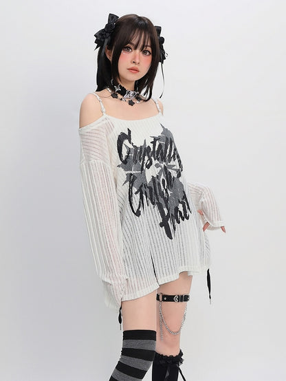 Y2K Schlitz Schwarz/Weiß Off-the-Shoulder Grafik Saum Ausschnitt Coverup