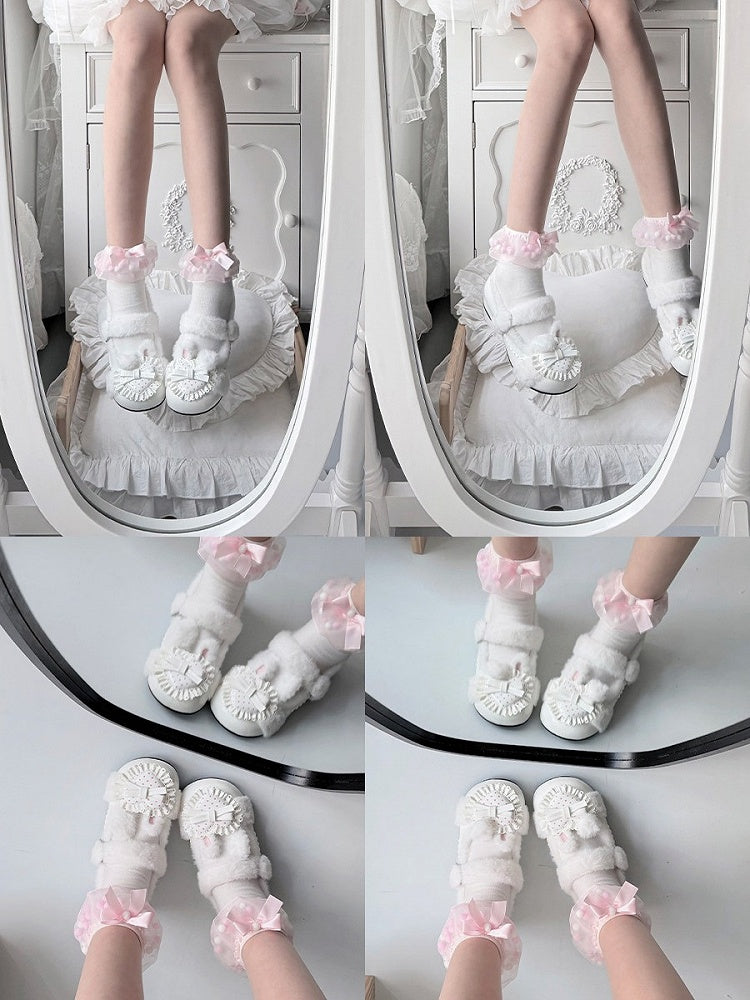 Fluffy Fur Heart-Adorned Winter Bunny Lolita Footwear - Cute Bunny