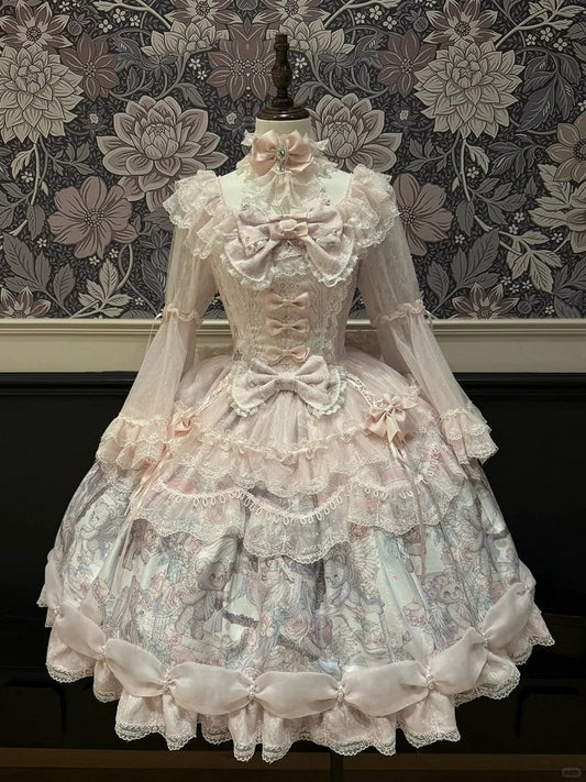 with Dress Hem Sleeves Bell Bear Lolita Angel Ribbon Pink Print Sweet