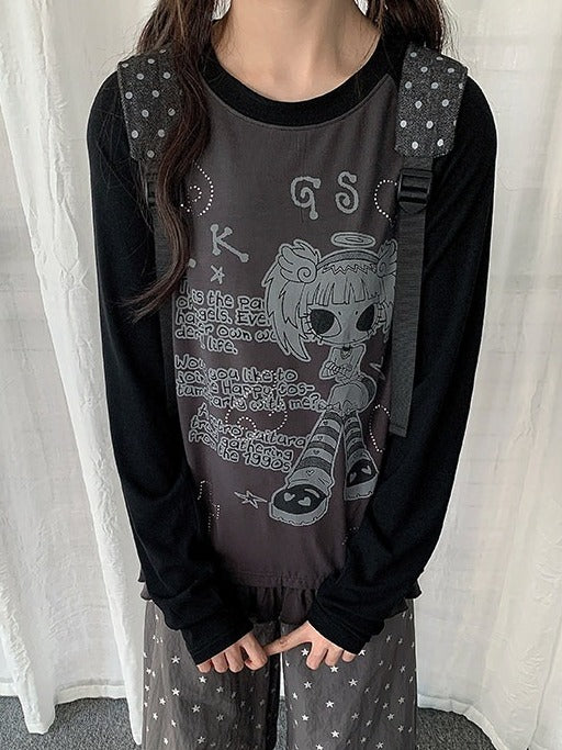 Colorblock Round Neck Long Sleeve Ruffle Hem Top with Cartoon Print - Solkatt