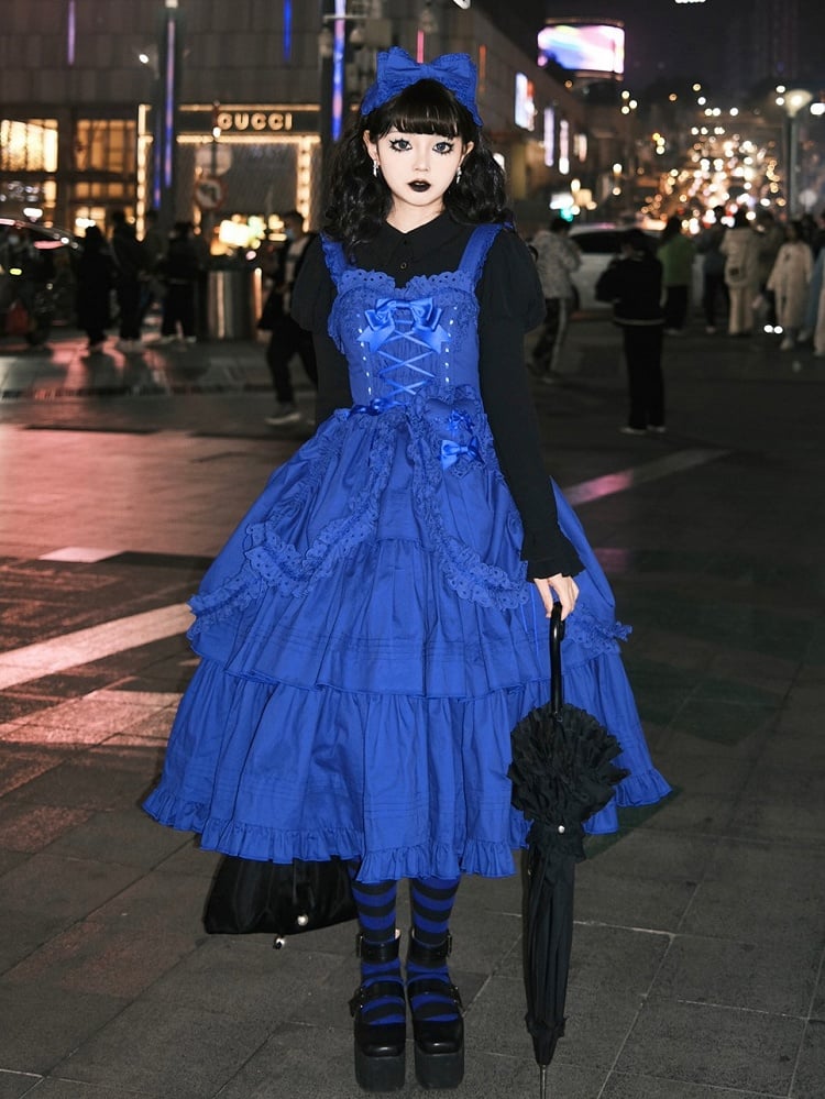 Lolita Decoration with Bowknots Klein Version Blue Ruffled and Gothic Dress Long Heart-shaped JSK