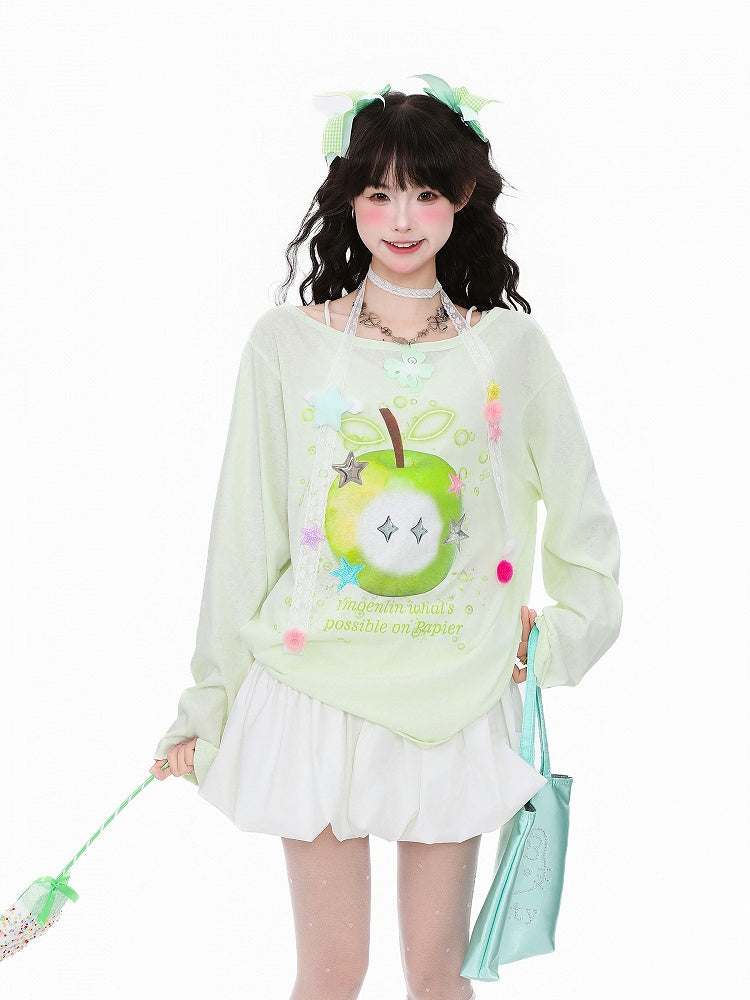Green/White Breathable Long-Sleeve Top with Green Apple Print