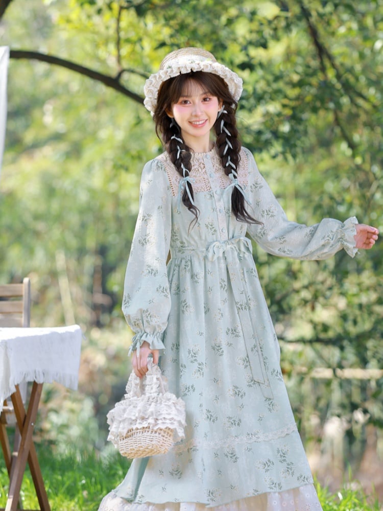 Blue Illusion Neckline Lace Trim Floral Dress with Self-tie Strap at Waist