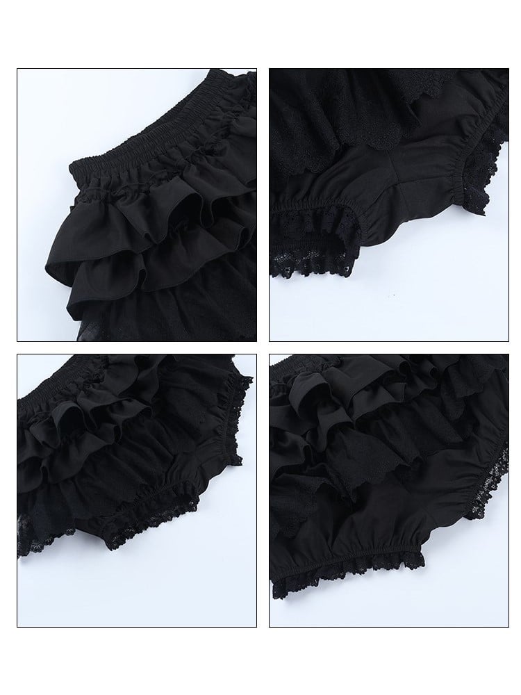 Waist Skirt Gothic Trim Puff Tiered Halloween Built-in Elastic Shorts Lace with Black