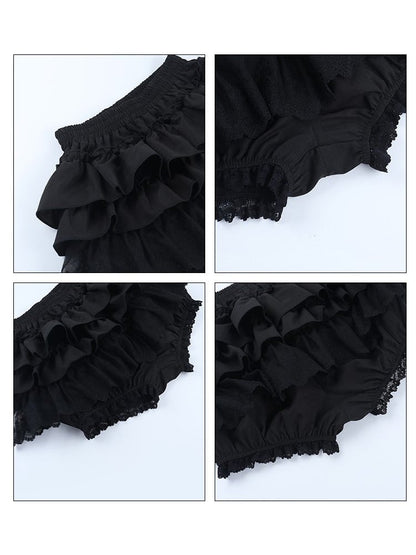 Waist Skirt Gothic Trim Puff Tiered Halloween Built-in Elastic Shorts Lace with Black